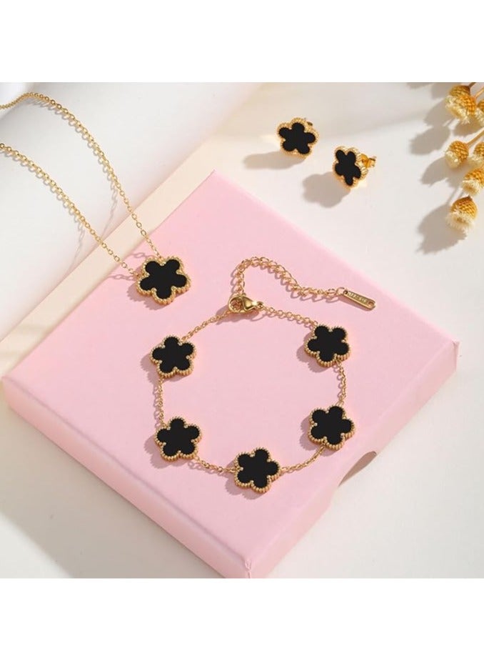 TEMPO (3 Pcs) Clover Necklaces Bracelets Earring Set - 18K Gold Color Plated Flower Bracelet Chain,Stainless Steel Non Tarnish Floral Pendant Stud Jewelry Sets,Four Leaf Clover Lucky Gift for All Occasion - Image 2